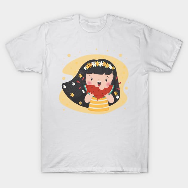 cute chubby girl having watermelon with water splash cute cartoon character design T-Shirt by Janatshie